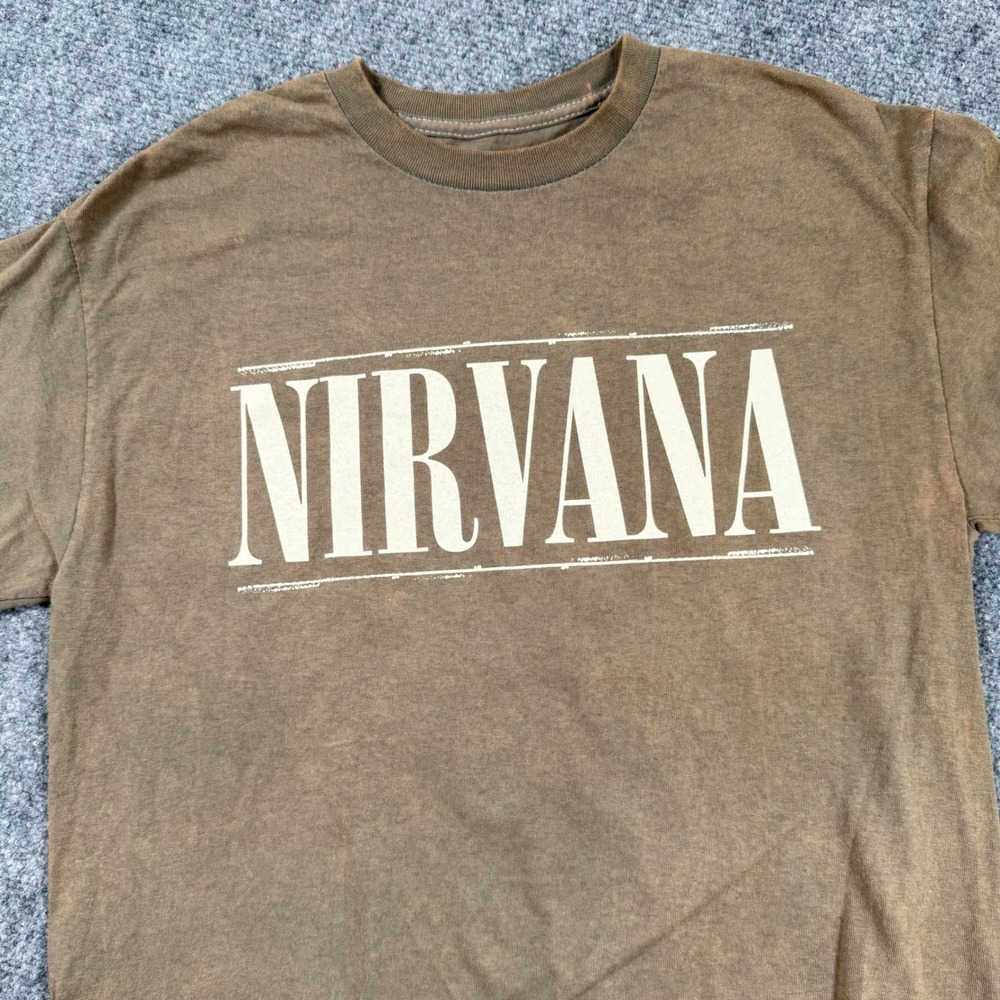 Nirvana T-Shirt Large Brown Smiley Face Band Tee Music Graphic Print Men's